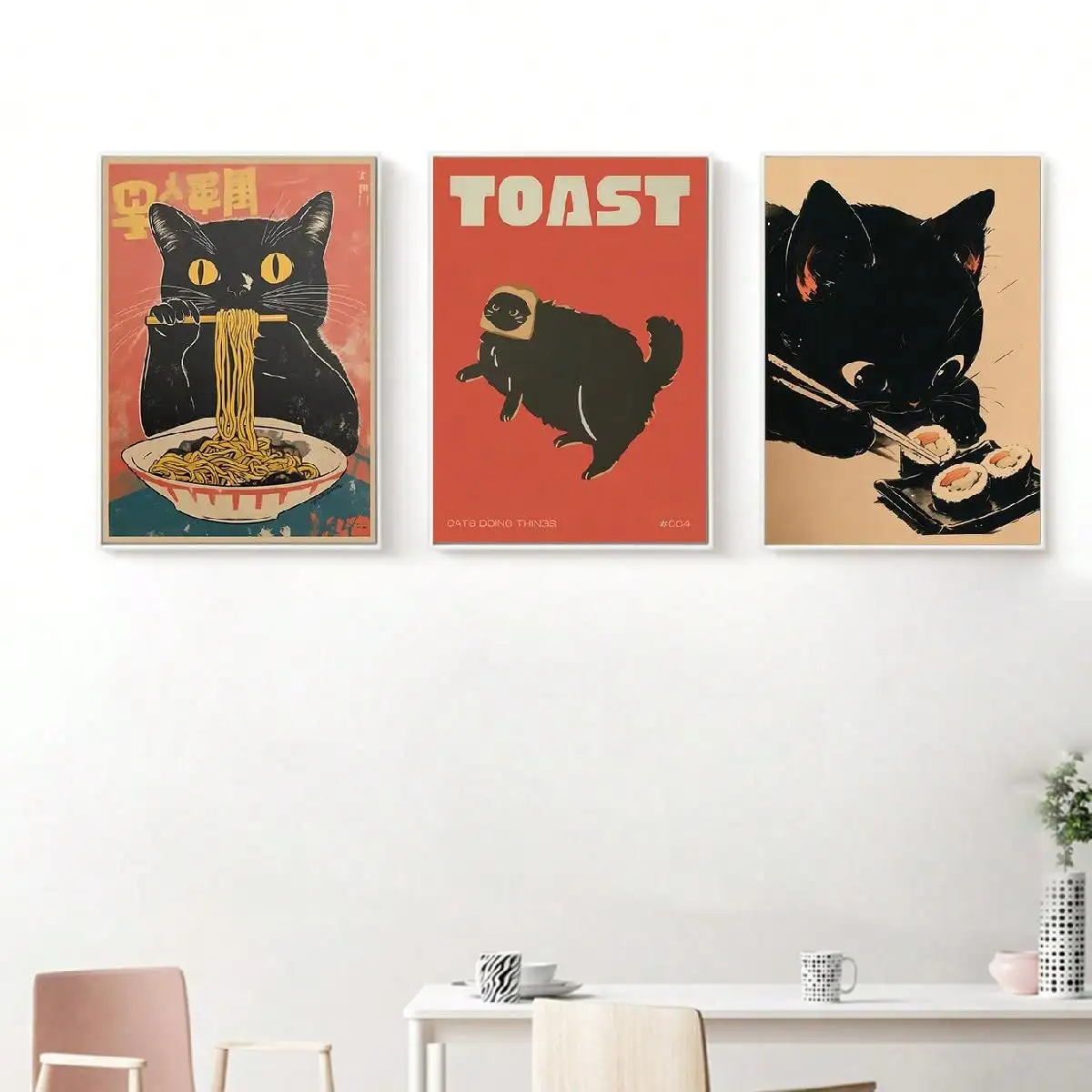 Vintage Fashion Wall Art - Kot Jedzący Japońskie Ramen Sushi Plakat